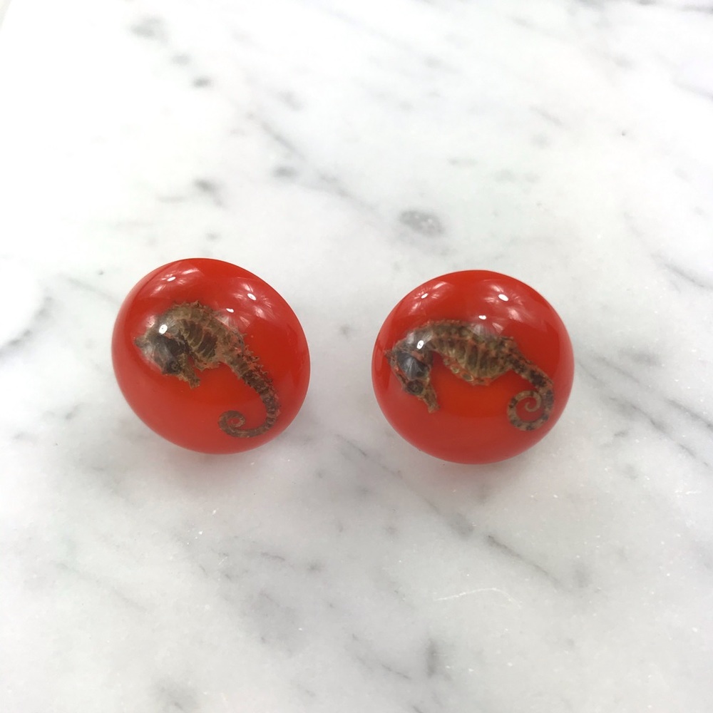 Vtg 40s 50s lucite seahorse 😫 screw on earrings